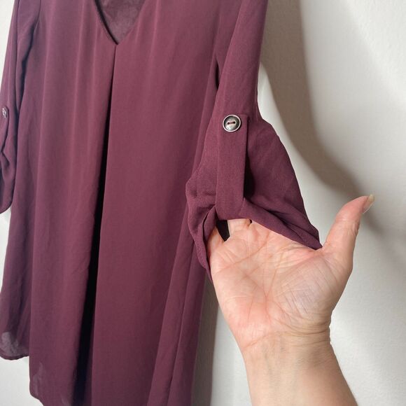 Lush Inverted Pleat V-Neck Plum Drapey Shirt Tail Dress 3/4 Tab Sleeves XS - Picture 8 of 11